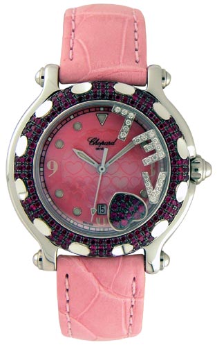 Chopard Happy Sport Series Ruby Love Heart 18kt White Gold Steel Ladies Diamond Watch 278945-421 in Pink 