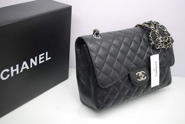 Chanel Jumbo Double Flaps Bag Black Original Caviar Leather A36097 Silver