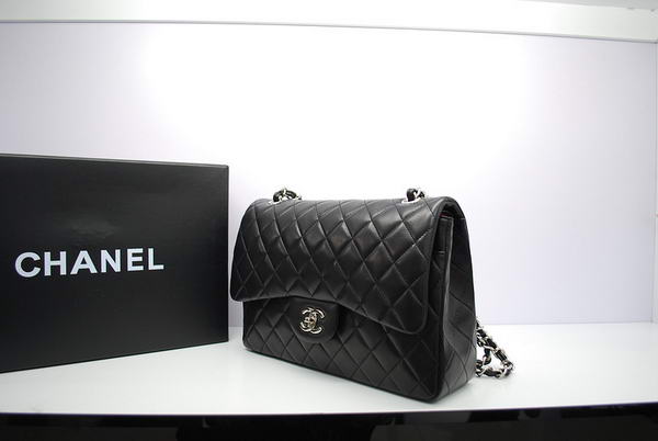 Chanel Jumbo Double Flaps Bag Black Original Lambskin Leather A36097 Silver