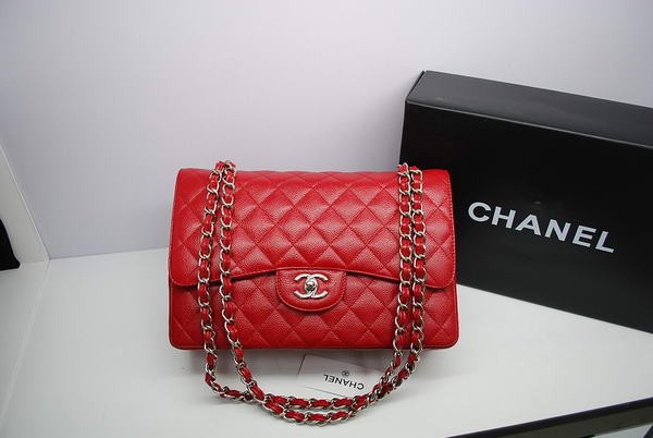 Chanel Jumbo Double Flaps Bag Red Original Caviar Leather A36097 Silver