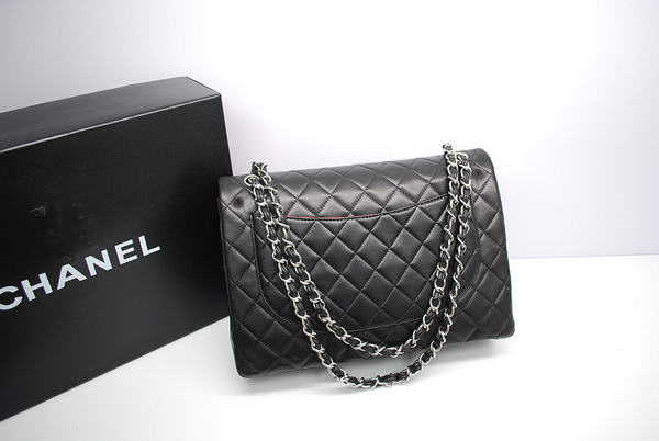 Top Quality Chanel Maxi Double Flaps Bag Black Original Lambskin Leather A36098 Silver