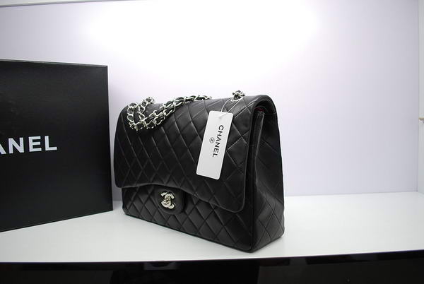 Top Quality Chanel Maxi Double Flaps Bag Black Original Lambskin Leather A36098 Silver