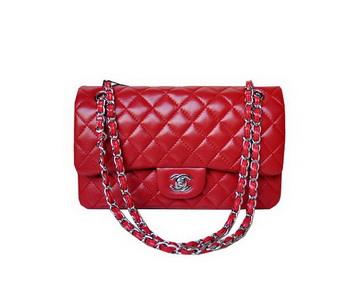 Chanel A01112 Classic Flap Bag Red Sheepskin Silver