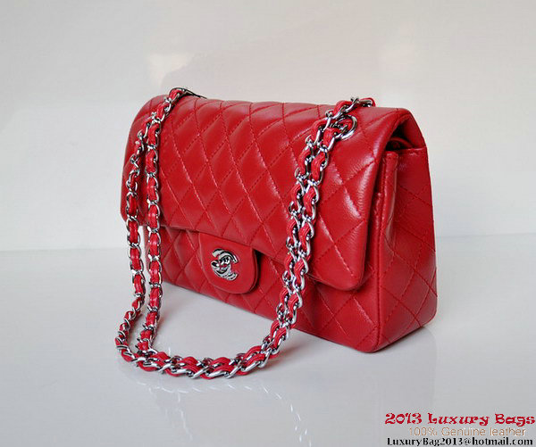 Chanel A01112 Classic Flap Bag Red Sheepskin Silver