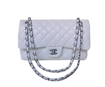 Chanel A01112 Classic Flap Bag White Sheepskin Silver