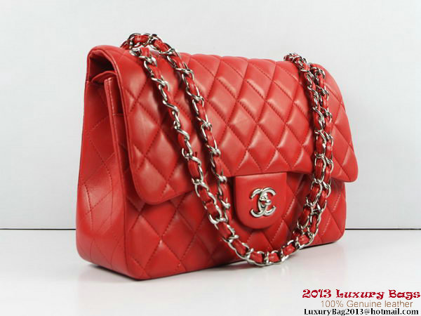 Chanel A01113 Classic Flap Bag Red Original Leather Silver