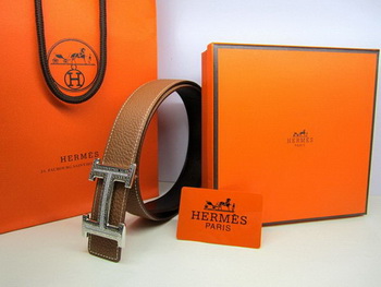 Hermes Calf Leather Diamond Belt HB118 Brown Silver