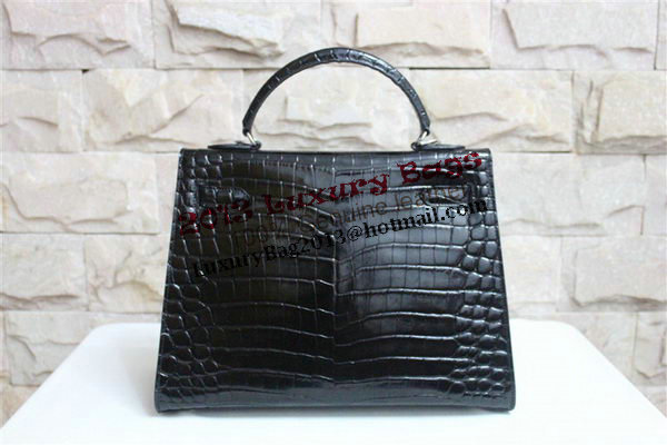 Hermes Kelly 32cm Shoulder Bag Black Croco Patent Leather K32 Silver