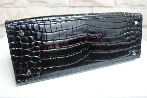 Hermes Kelly 32cm Shoulder Bag Black Croco Patent Leather K32 Silver