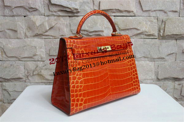 Hermes Kelly 32cm Shoulder Bag Orange Croco Patent Leather K32 Gold