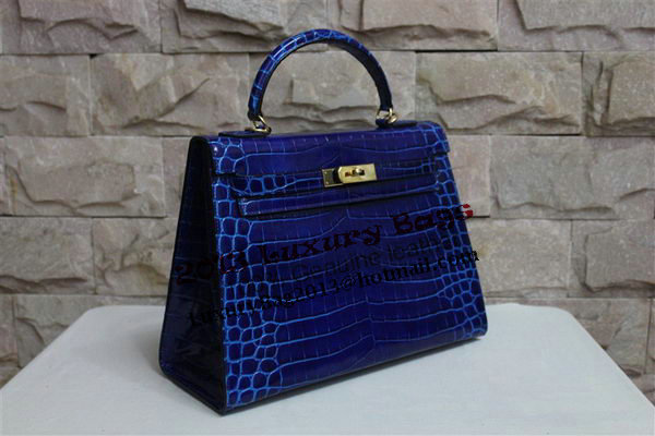 Hermes Kelly 32cm Shoulder Bag Blue Croco Patent Leather K32 Silver