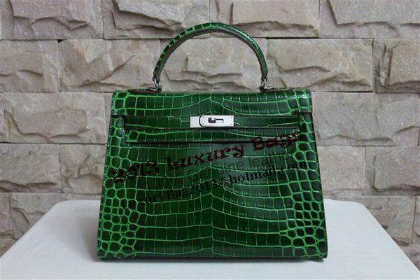 Hermes Kelly 32cm Shoulder Bag Green Croco Patent Leather K32 Silver