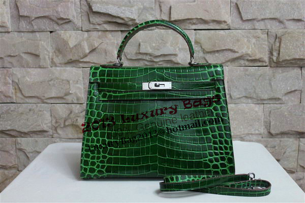 Hermes Kelly 32cm Shoulder Bag Green Croco Patent Leather K32 Silver