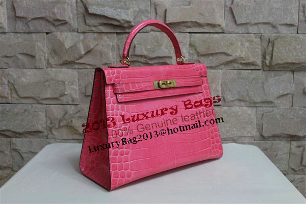 Hermes Kelly 32cm Shoulder Bag Pink Croco Patent Leather K32 Gold