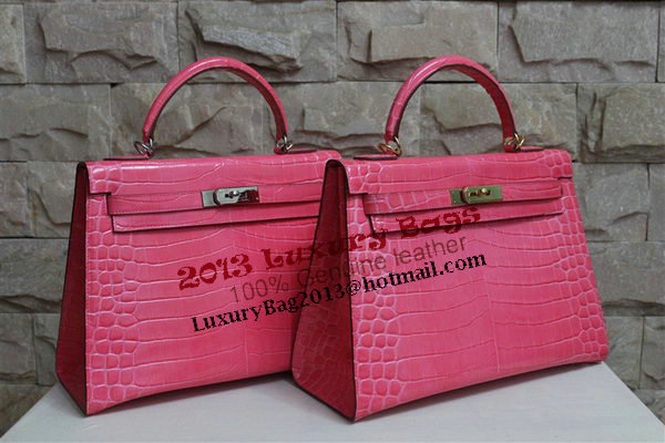Hermes Kelly 32cm Shoulder Bag Pink Croco Patent Leather K32 Gold