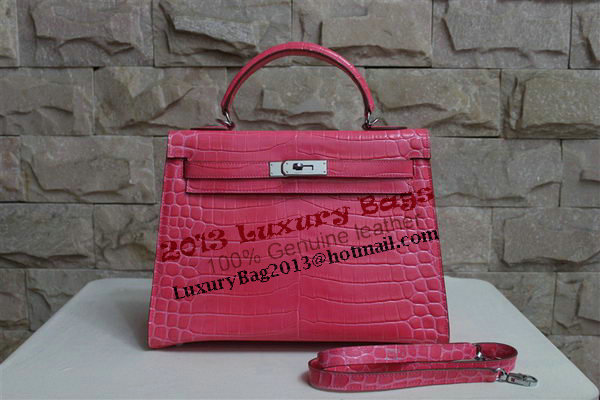 Hermes Kelly 32cm Shoulder Bag Pink Croco Patent Leather K32 Silver