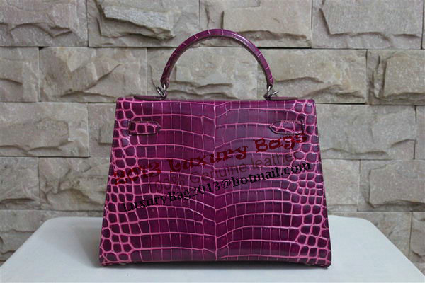 Hermes Kelly 32cm Shoulder Bag Purple Croco Patent Leather K32 Silver