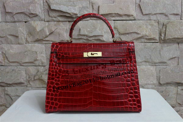Hermes Kelly 32cm Shoulder Bag Red Croco Patent Leather K32 Gold