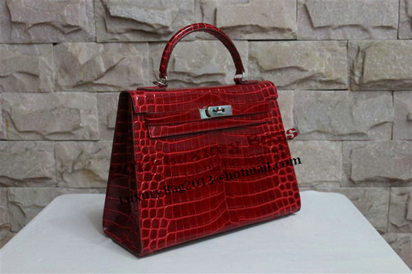Hermes Kelly 32cm Shoulder Bag Red Croco Patent Leather K32 Silver