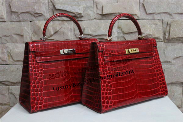 Hermes Kelly 32cm Shoulder Bag Red Croco Patent Leather K32 Silver