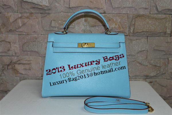 Hermes Kelly 32cm Shoulder Bag Light Blue Saffiano Leather K32 Gold