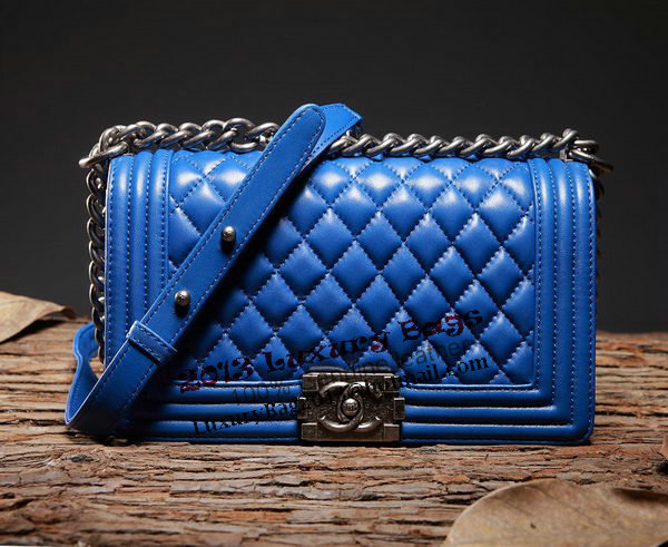 Chanel Boy Flap Shoulder Bag in Blue Lambskin Leather A67086 Silver