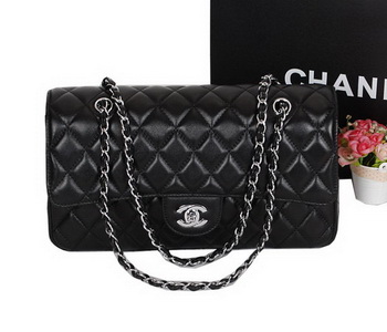 Chanel Classic Flap Bag 1113 Black Sheepskin Leather Silver
