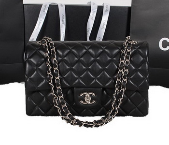 Chanel Classic Flap Bag Black Original Sheepskin Leather A1118 Silver
