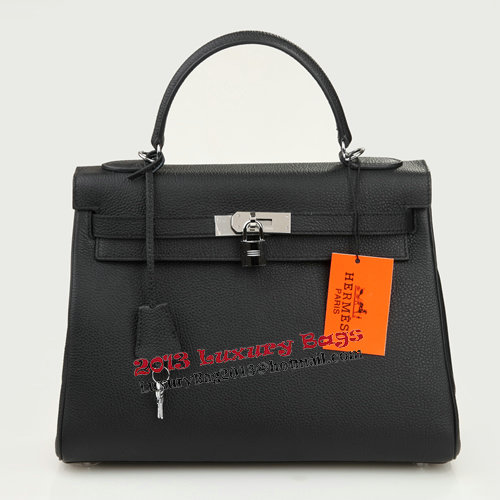 Hermes Kelly 32cm Shoulder Bag Black Original Leather K32 Silver