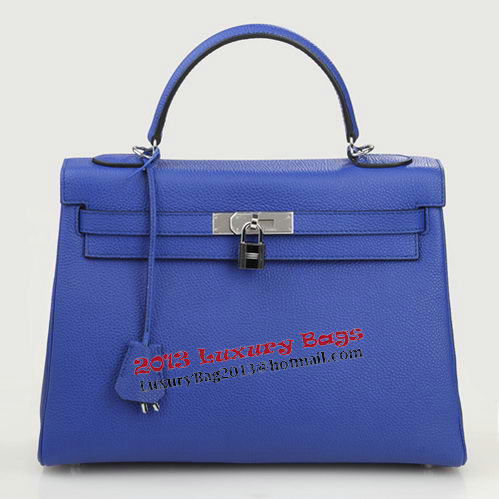 Hermes Kelly 32cm Shoulder Bag Blue Original Leather K32 Silver