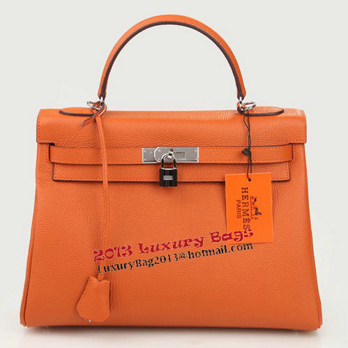 Hermes Kelly 32cm Shoulder Bag Orange Original Leather K32 Silver