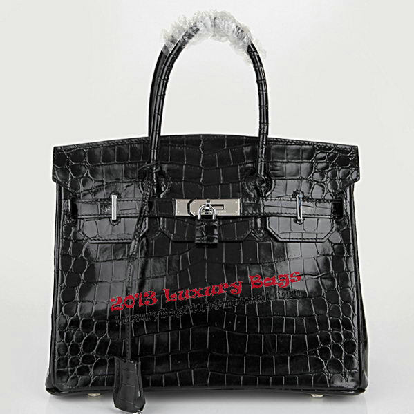 Hermes Birkin 30CM Tote Bags Black Iridescent Croco Leather Silver