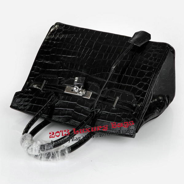 Hermes Birkin 30CM Tote Bags Black Iridescent Croco Leather Silver