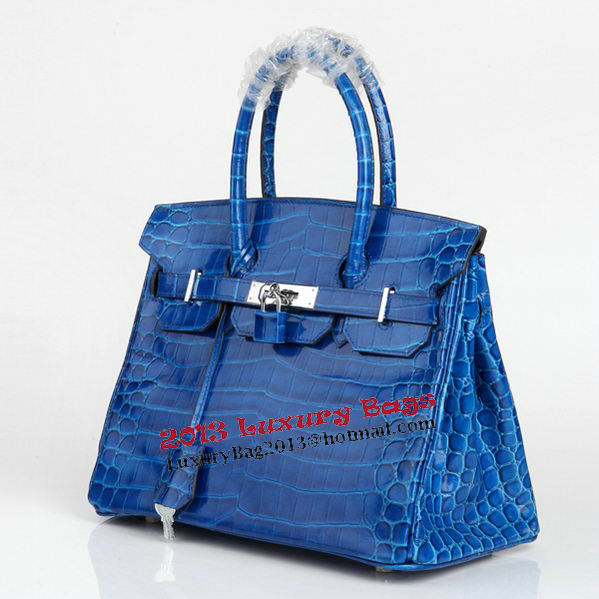 Hermes Birkin 30CM Tote Bags Blue Iridescent Croco Leather Silver