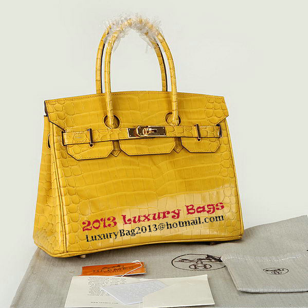 Hermes Birkin 30CM Tote Bags Yellow Iridescent Croco Leather Gold