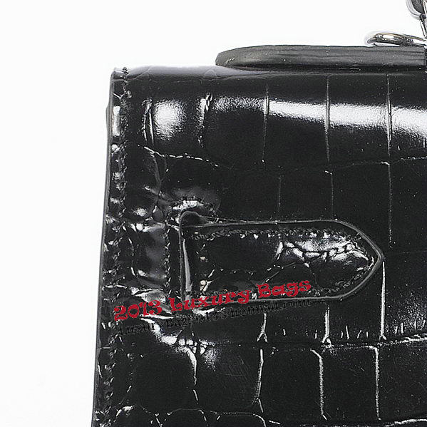 Hermes Kelly 32cm Shoulder Bags Black Iridescent Croco Leather Silver