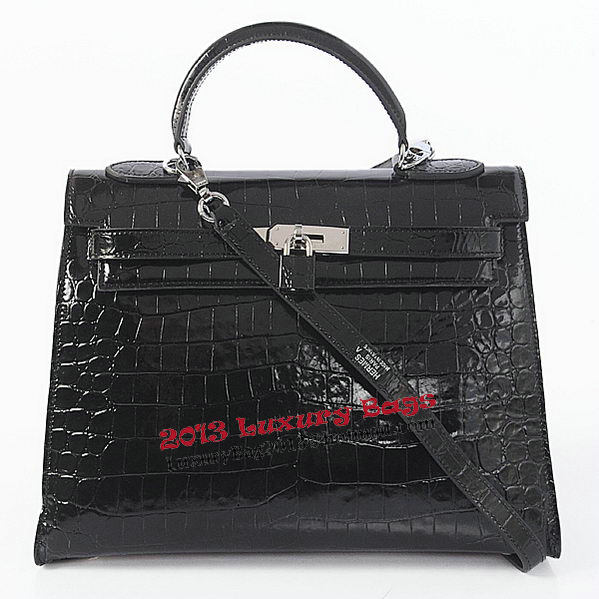 Hermes Kelly 32cm Shoulder Bags Black Iridescent Croco Leather Silver