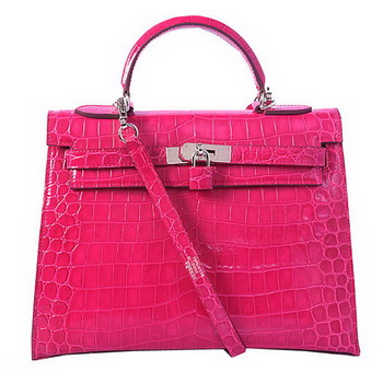 Hermes Kelly 32cm Shoulder Bags Peach Iridescent Croco Leather Silver