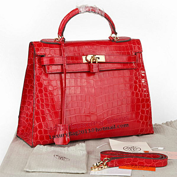 Hermes Kelly 32cm Shoulder Bags Red Iridescent Croco Leather Gold