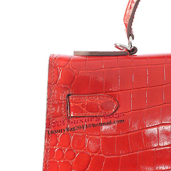 Hermes Kelly 32cm Shoulder Bags Red Iridescent Croco Leather Silver