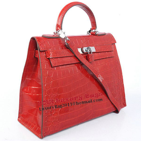 Hermes Kelly 32cm Shoulder Bags Red Iridescent Croco Leather Silver