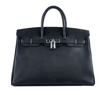 Hermes Birkin 35CM Tote Bag Black Grainy Leather Silver