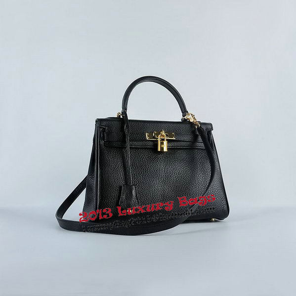 Hermes Kelly 28cm Shoulder Bags Black Grainy Leather Gold
