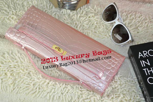 Hermes Kelly Clutch Bag Croco Leather K31 Light Pink