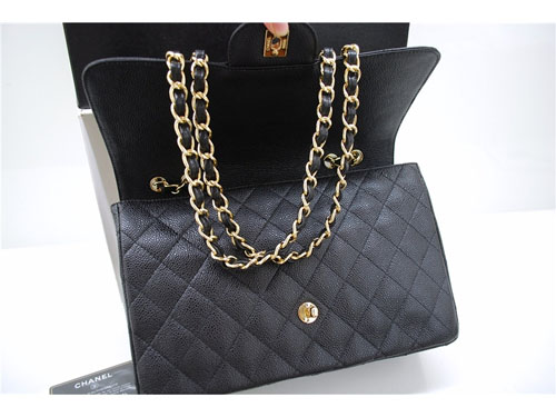 Fashion Chanel Original Caviar Leather Classic Flap Bag A28600 Black Gold