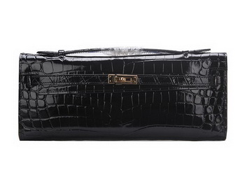 Hermes Kelly Clutch Bag Croco Leather K1002 Black