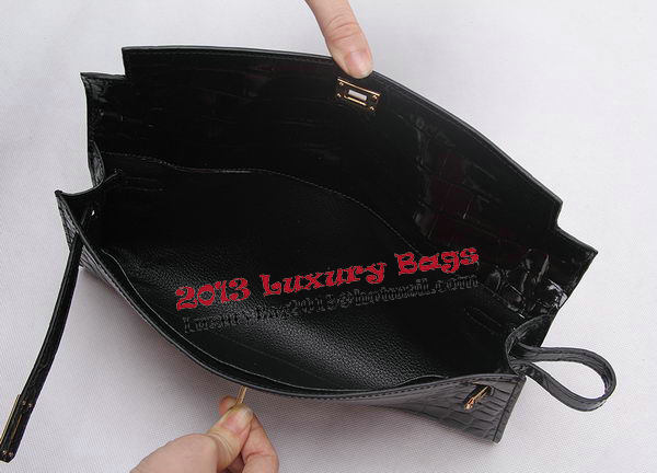 Hermes Kelly Clutch Bag Croco Leather K1002 Black