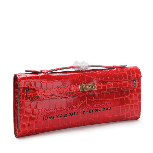 Hermes Kelly Clutch Bag Croco Leather K1002 Red
