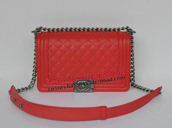 Chanel Boy Flap Shoulder Bags Red Cannage Pattern Leather A67086 Silver