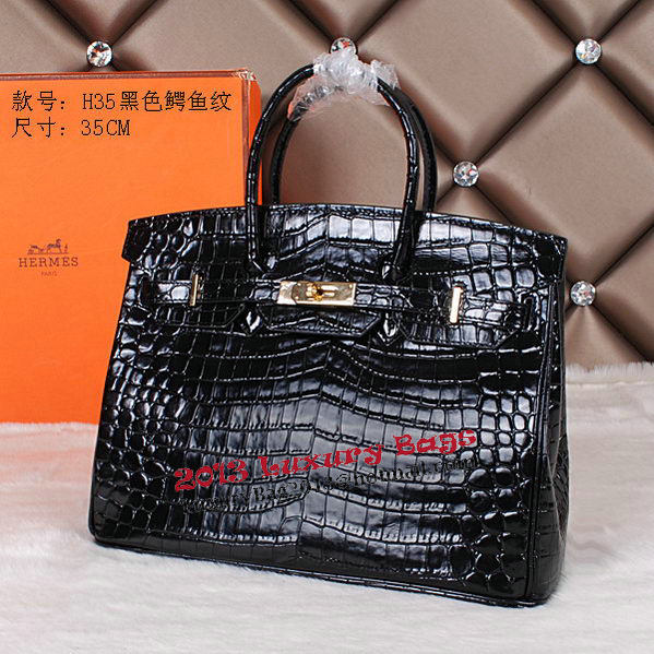 Hermes Birkin 35CM Tote Bag Shiny Croco Leather H35C Black